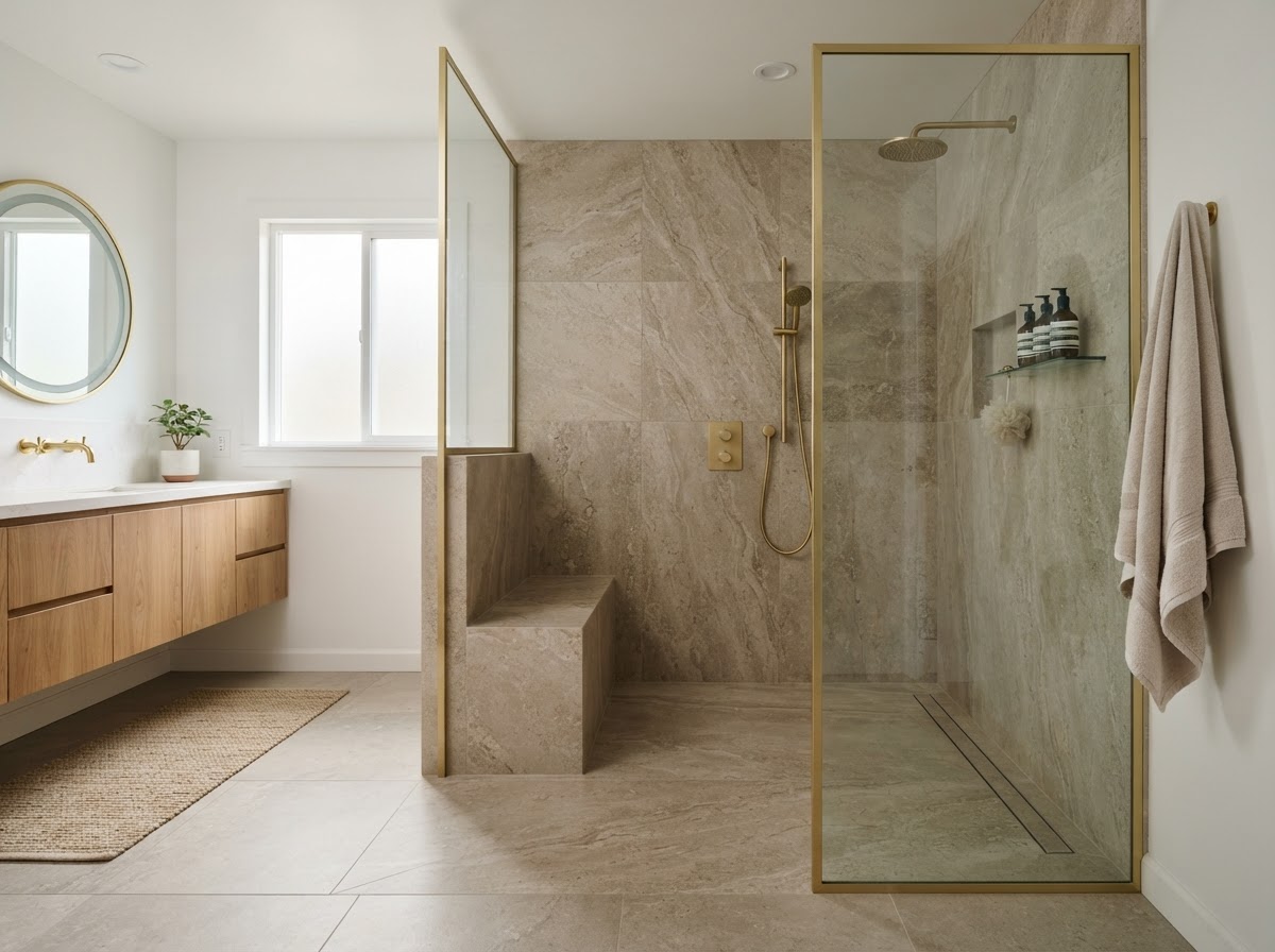 Tub-to-shower conversion with wide entry and built-in bench