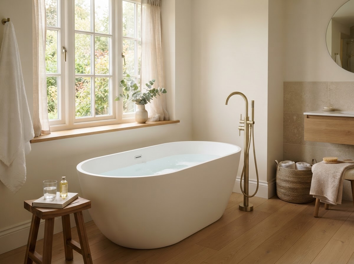 Bathtub update concept with clean surround and coordinated fixtures