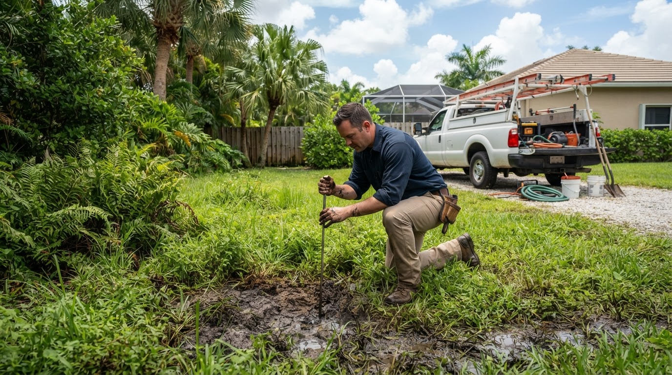 Illustration of a technician evaluating a soggy drain field area and checking soil absorption