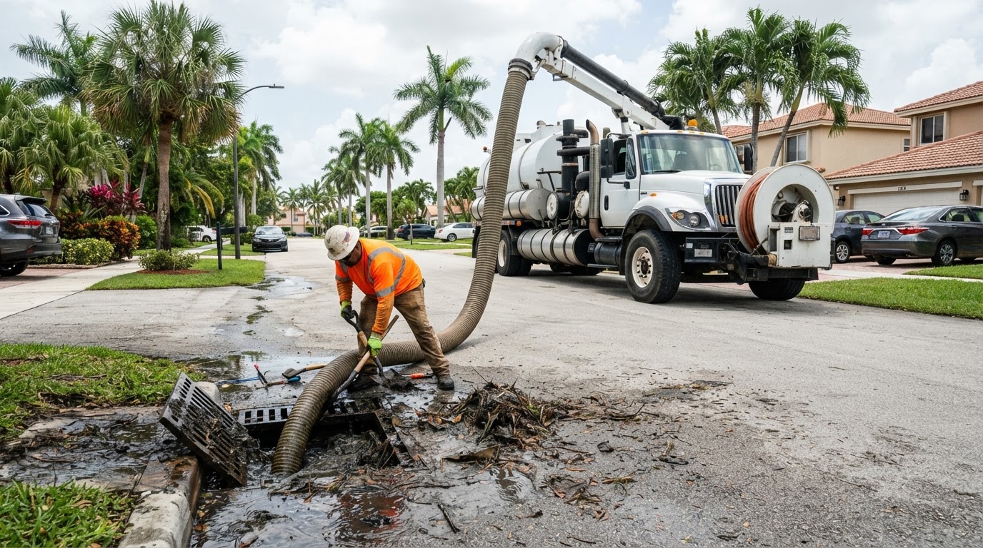 Illustration of a vacuum truck clearing a clogged storm drain catch basin and removing standing water