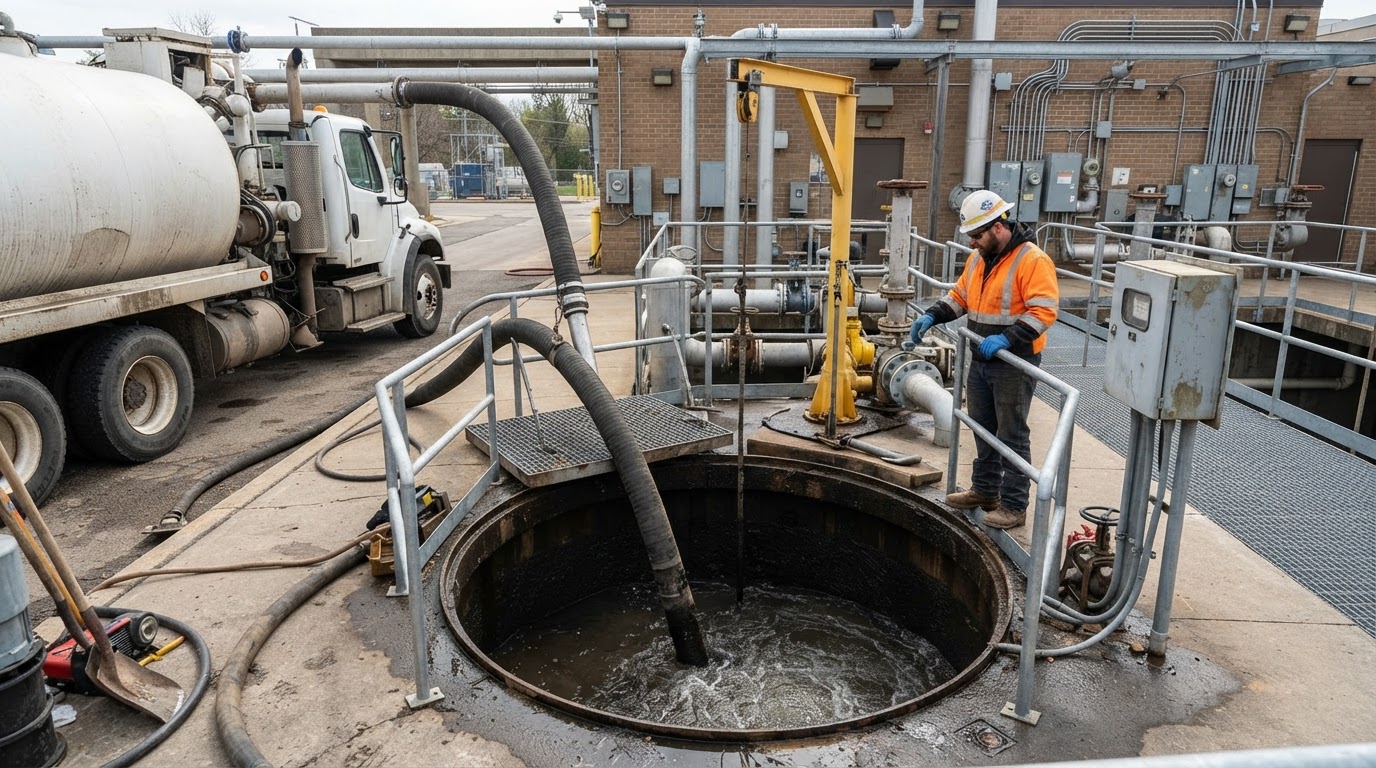 Illustration of a vacuum truck pumping out a commercial lift station wet well