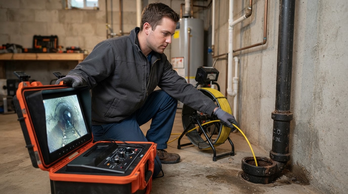 Illustration of a technician feeding a sewer camera cable into a drain cleanout to inspect a pipe
