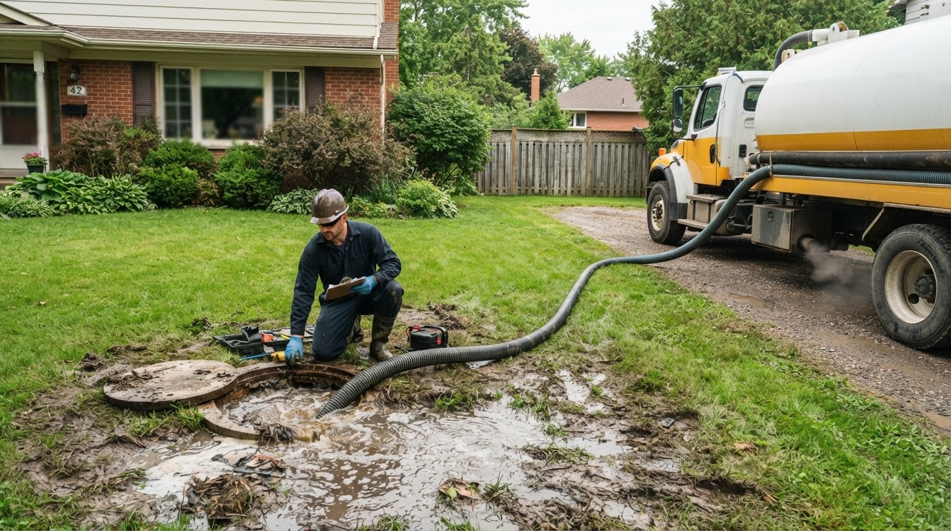Illustration of a vacuum truck responding to a septic overflow in a residential yard