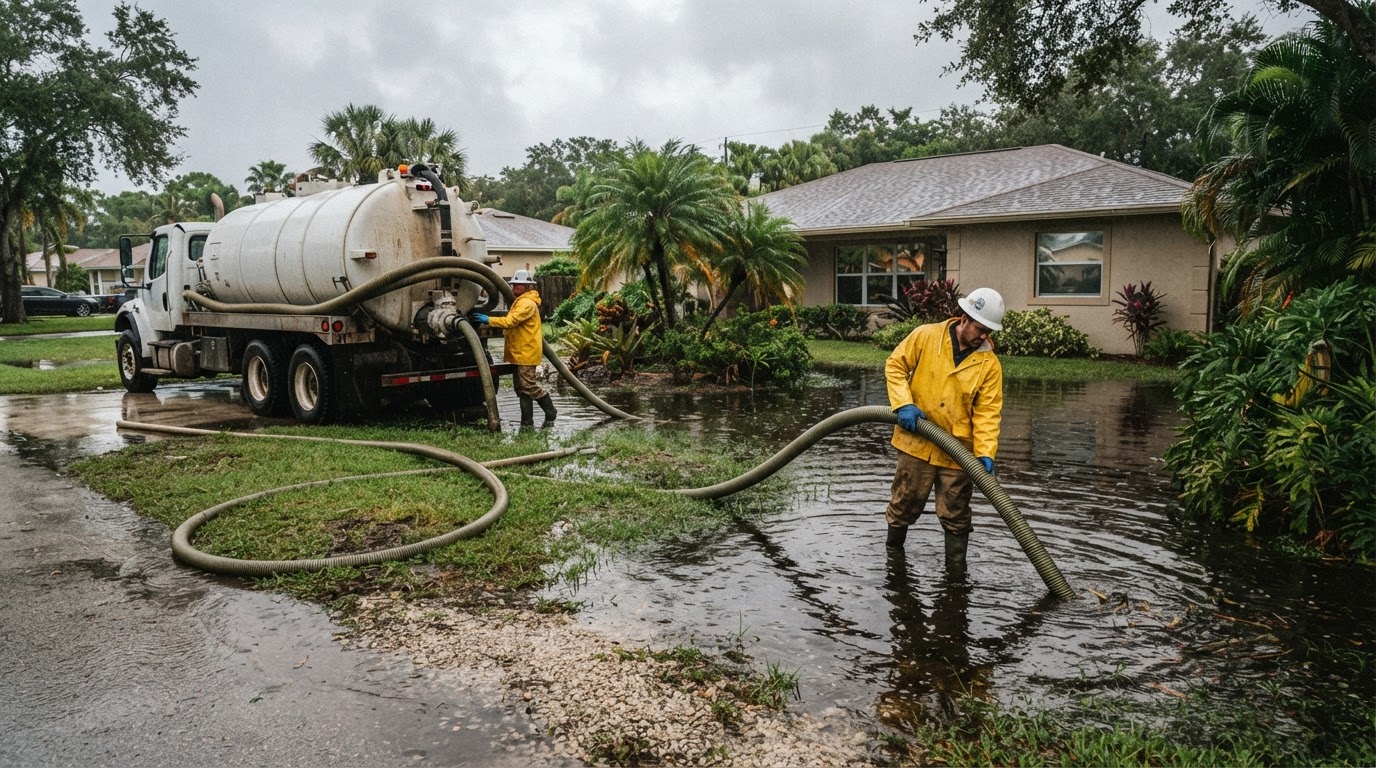 Illustration of a vacuum truck removing standing floodwater from a flooded residential driveway and yard
