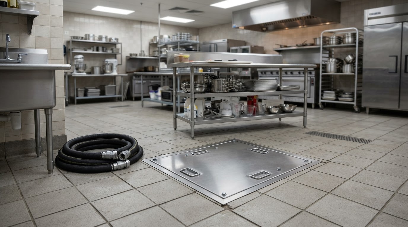 A clean, well-maintained stainless-steel grease trap access lid set into the floor of a commercial restaurant kitchen in South Florida