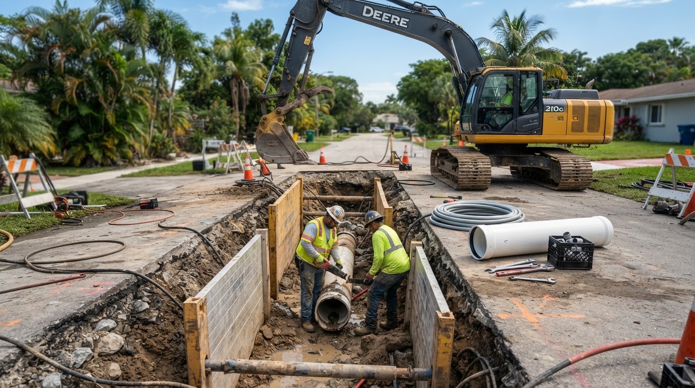 Illustration of an excavator trench revealing a damaged underground sewer pipe for repair