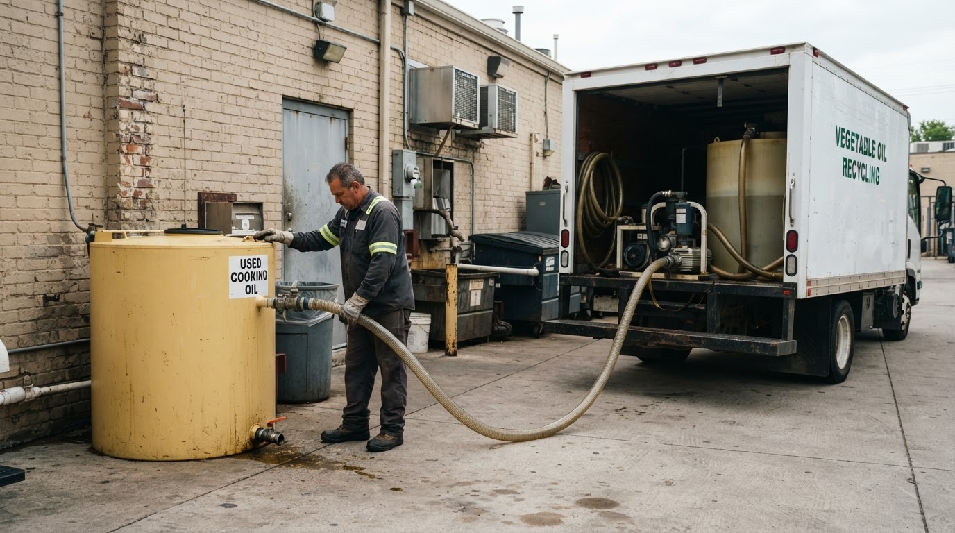Illustration of a technician pumping used cooking oil from an outdoor storage container into a collection truck