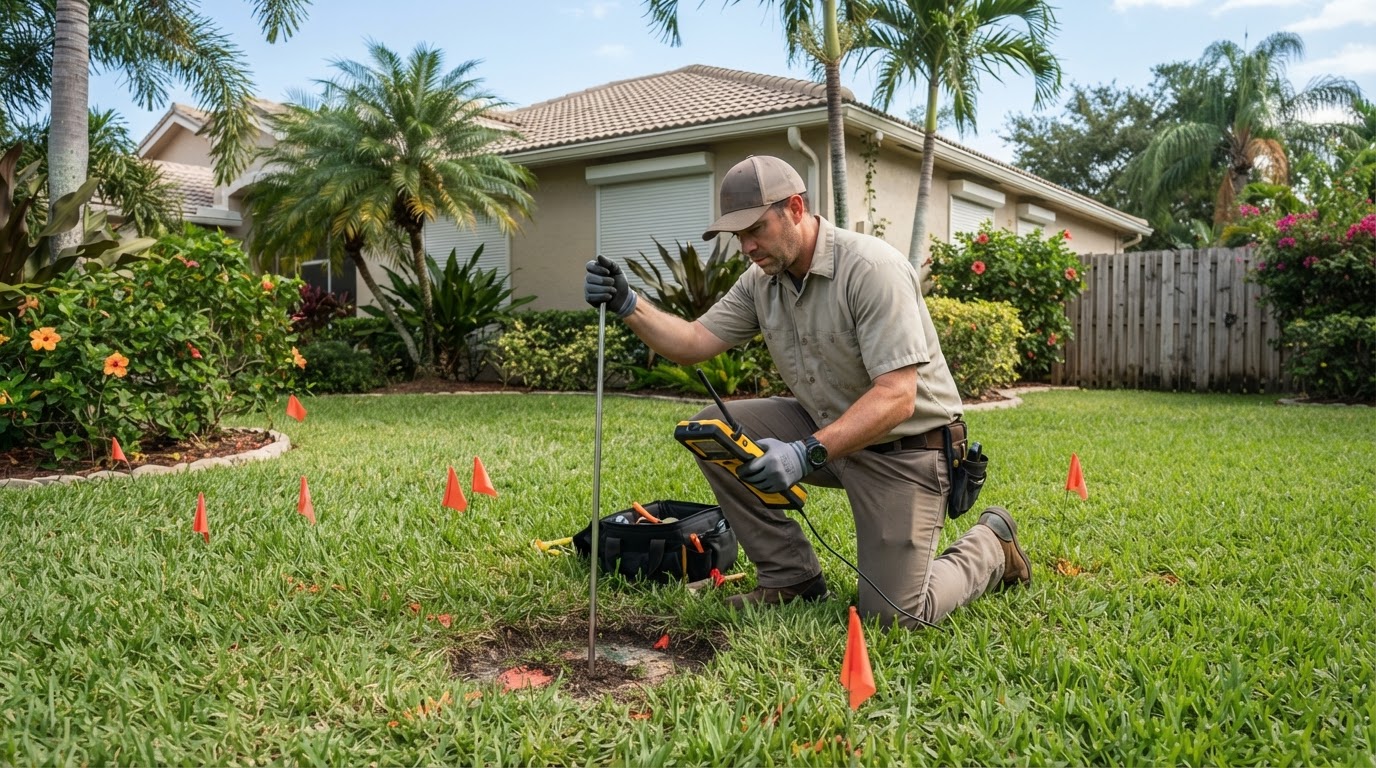 Illustration of a technician using a probe rod and locator to find a buried septic tank in a yard