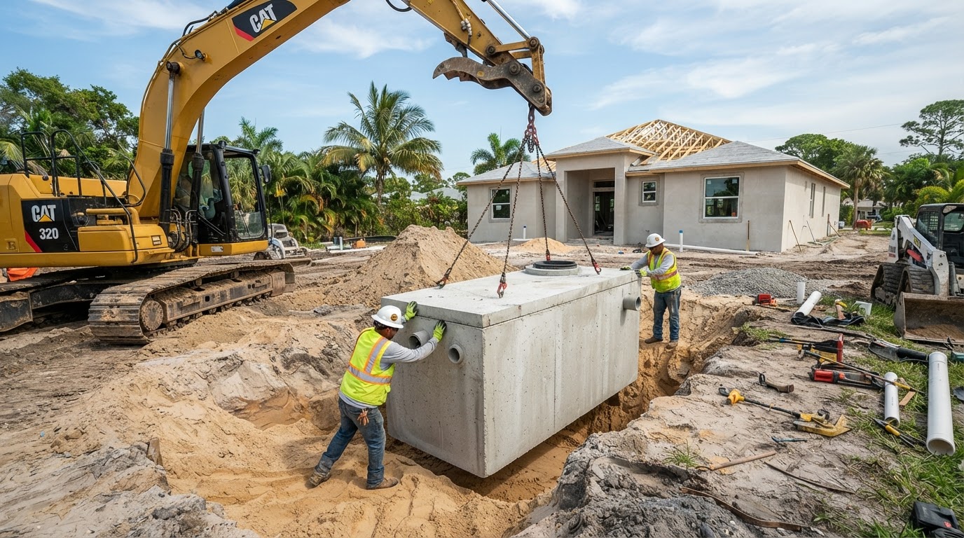 Illustration of an excavator lowering a concrete septic tank into a prepared hole on a construction site