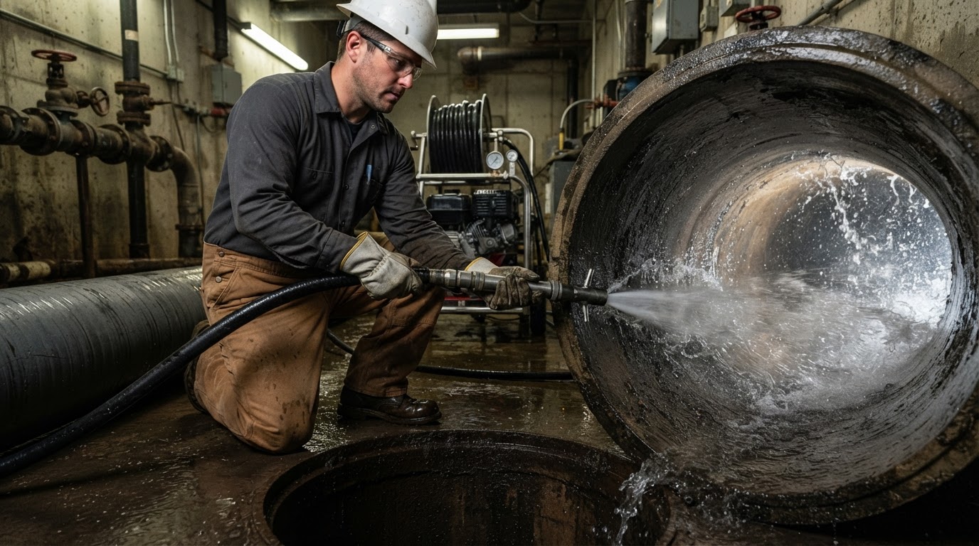 Illustration of a technician using a high-pressure hydro jetting hose to clean the inside of a drain pipe