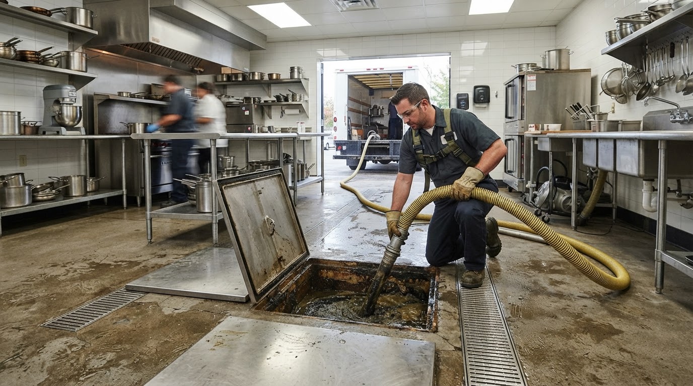 Illustration of a technician pumping out an in-ground grease interceptor in a commercial kitchen