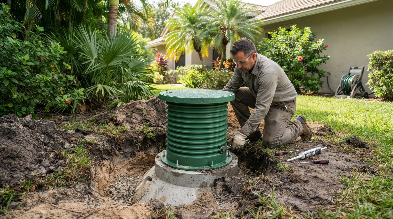 Illustration of a worker installing a septic tank riser and access lid over a buried tank opening