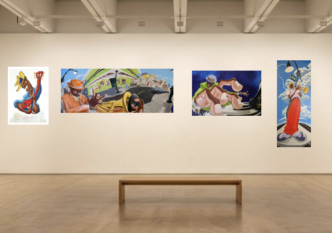 Gallery room with Richard Franklin paintings hanging on the wall above a bench