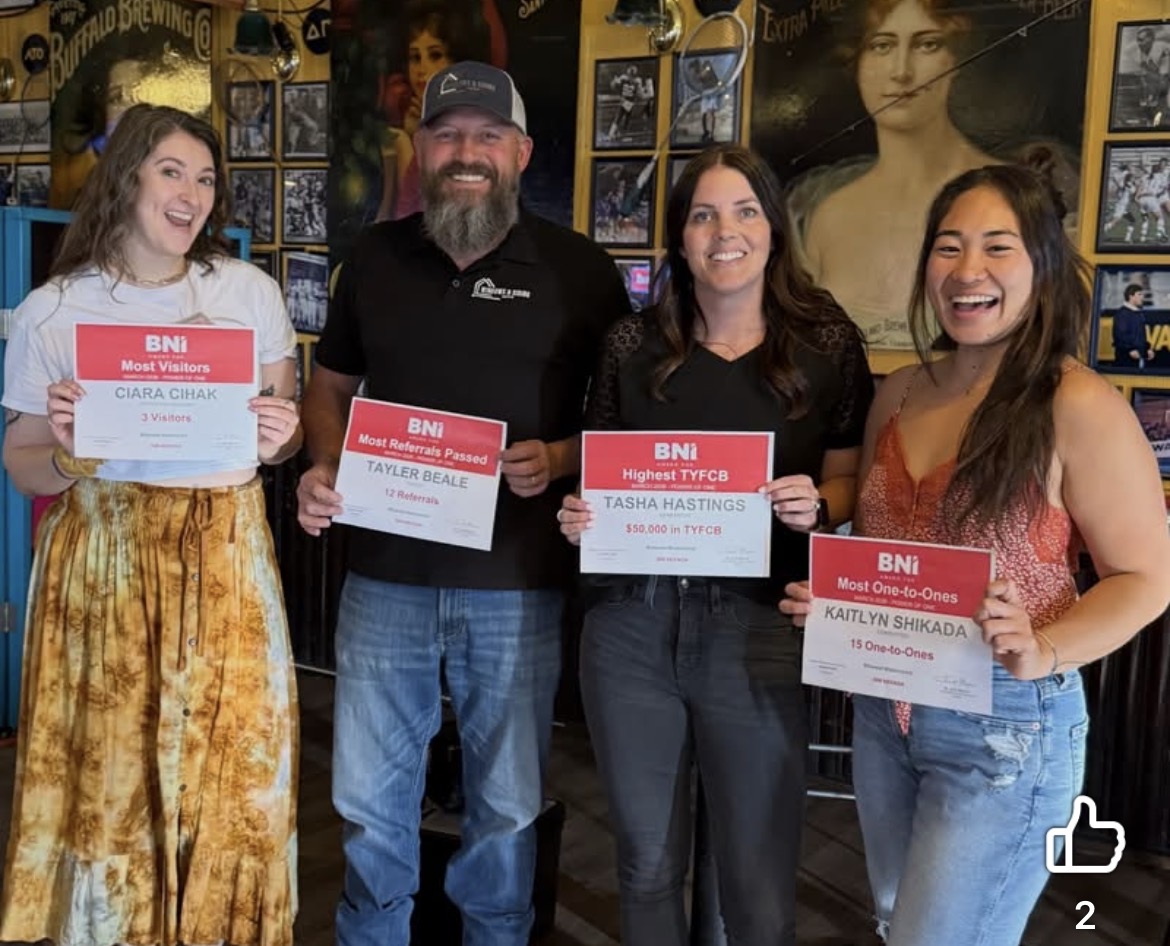 Chapter members celebrating referral milestones, visitor recognition, and chapter awards at Little Waldorf Saloon