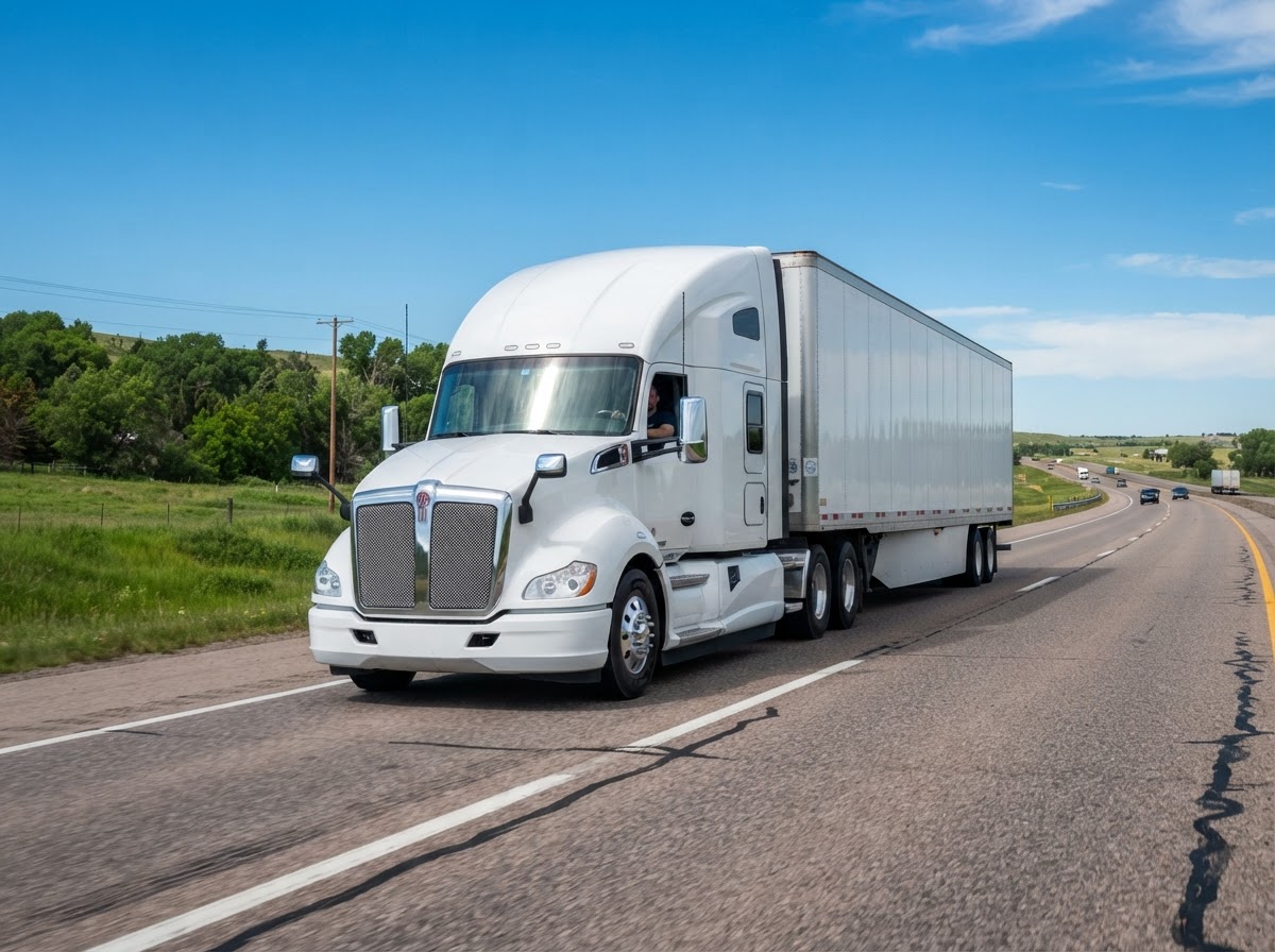 American commercial semi truck hauling freight on interstate highway
