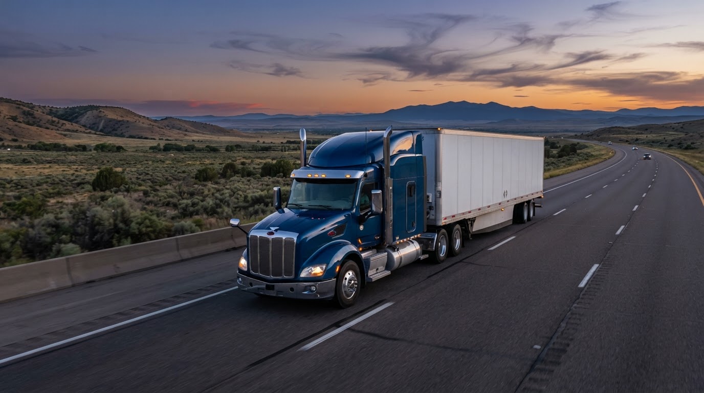 American commercial semi-truck hauling freight on highway