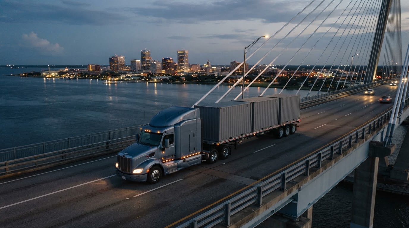 American Flatbed Semi on Coastal Highway Bridge