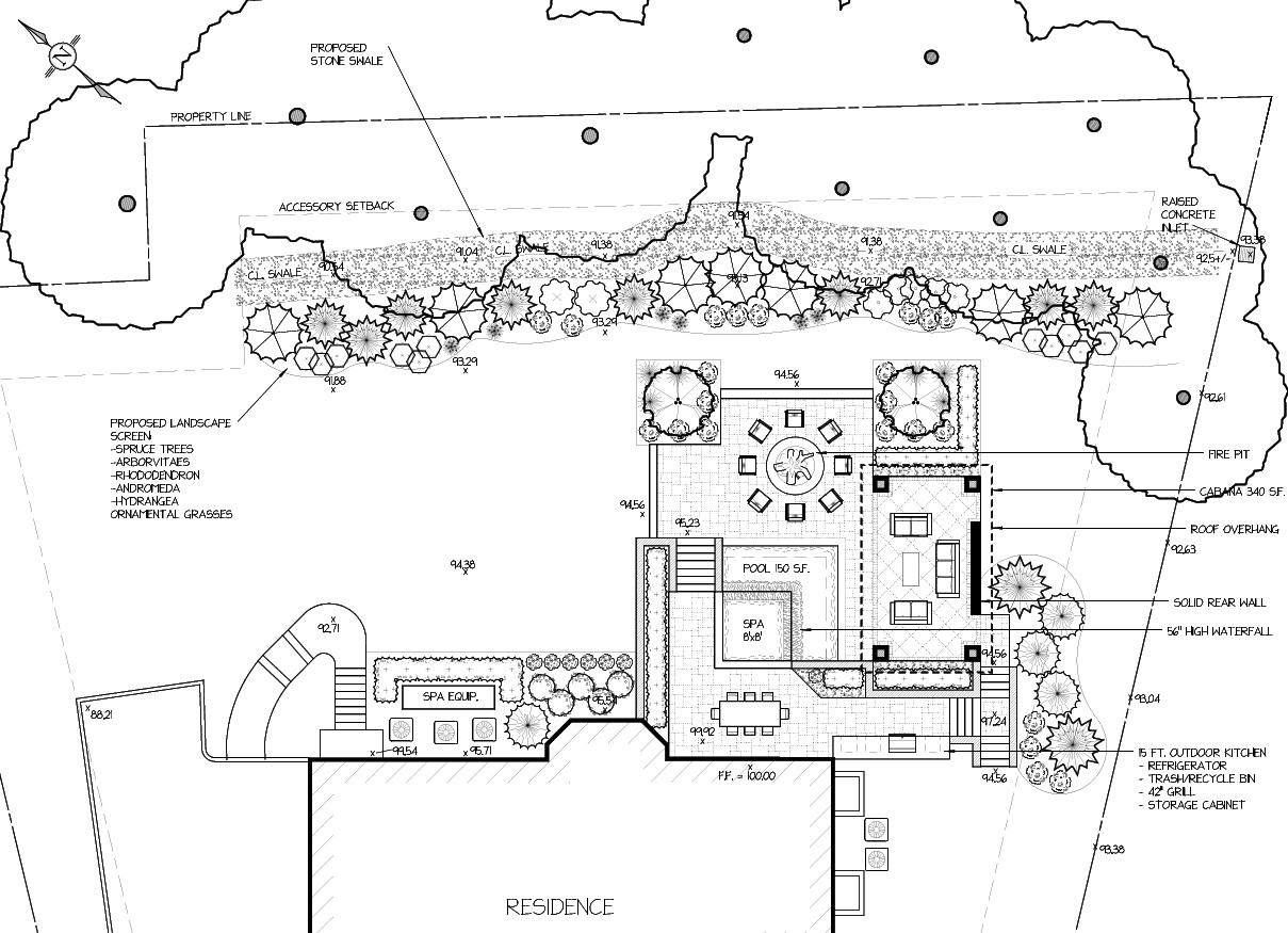 Hardscape, pool, and patio layout plan by Grace Line Outdoor Design