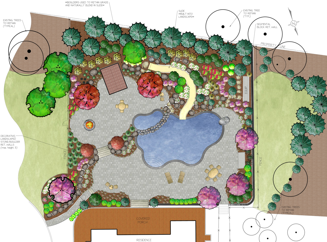 Architectural landscape and pool plan drawing by Grace Line Outdoor Design