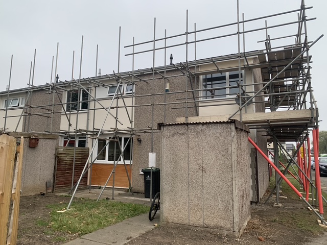 A complete house re-roof with full perimeter scaffolding erected for safe, thorough access.