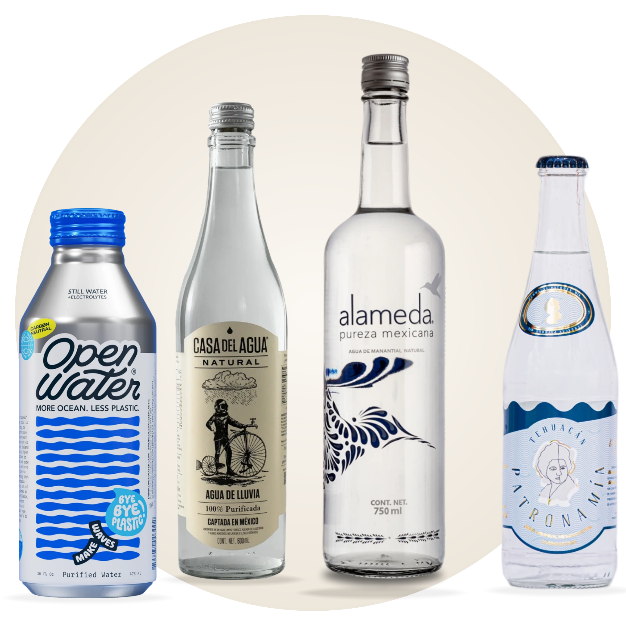 Selección de botellas premium: Open Water 16oz aluminio, Casa del Agua 600ml, Alameda 750ml, Patrona Mía 355ml