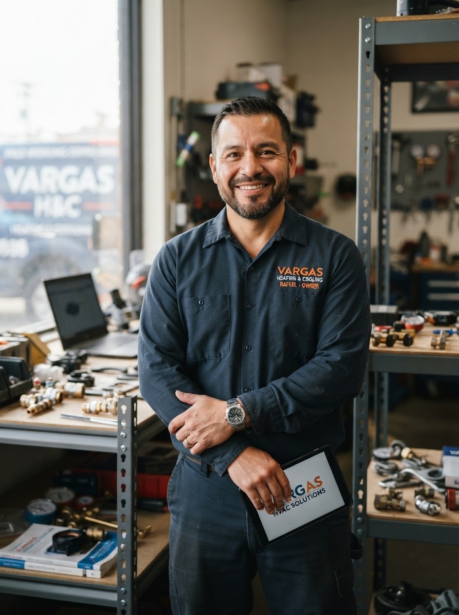 Latino service-business owner in a branded work shirt in his workshop