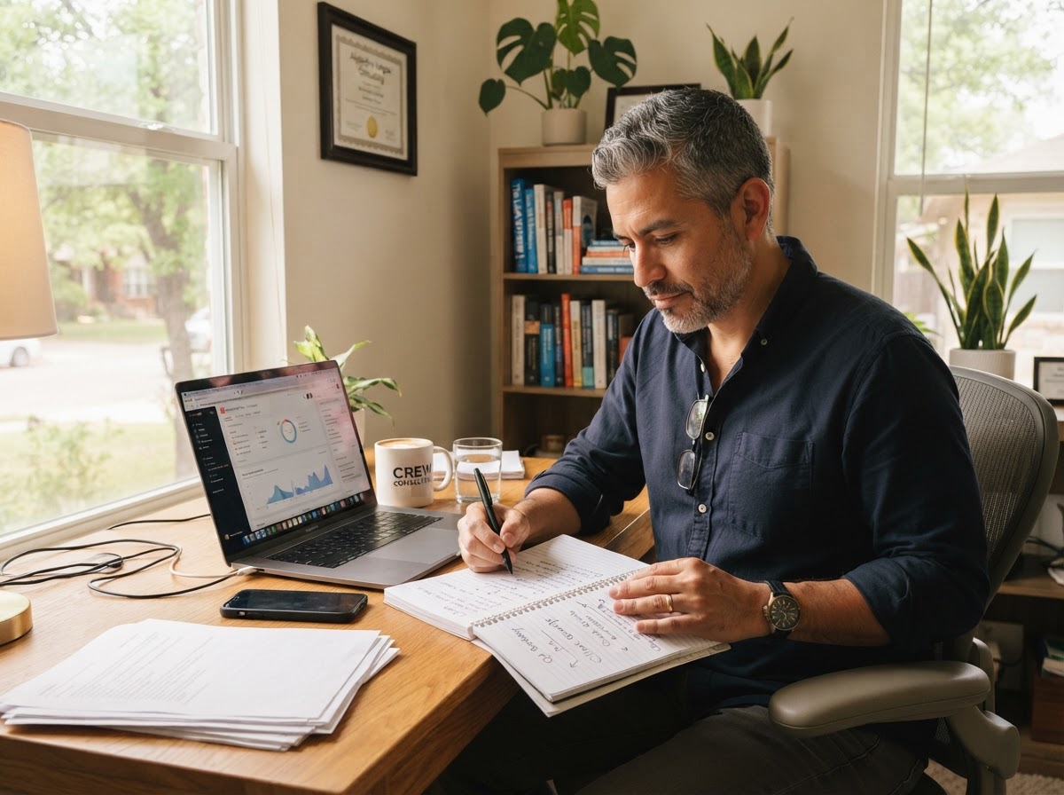 Entrepreneur reviewing the Brand Builders workflow on a laptop
