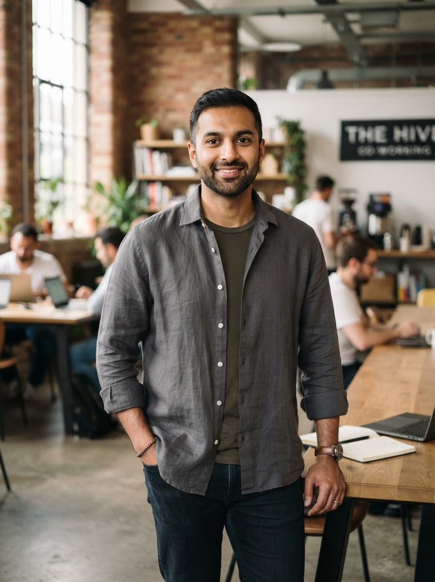 Young South Asian man entrepreneur in a co-working space