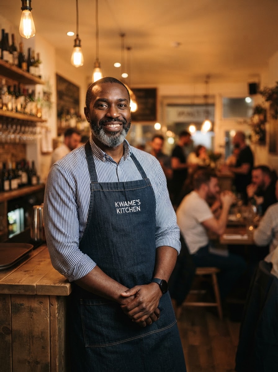 Black man restaurant owner wearing a chef apron in his restaurant