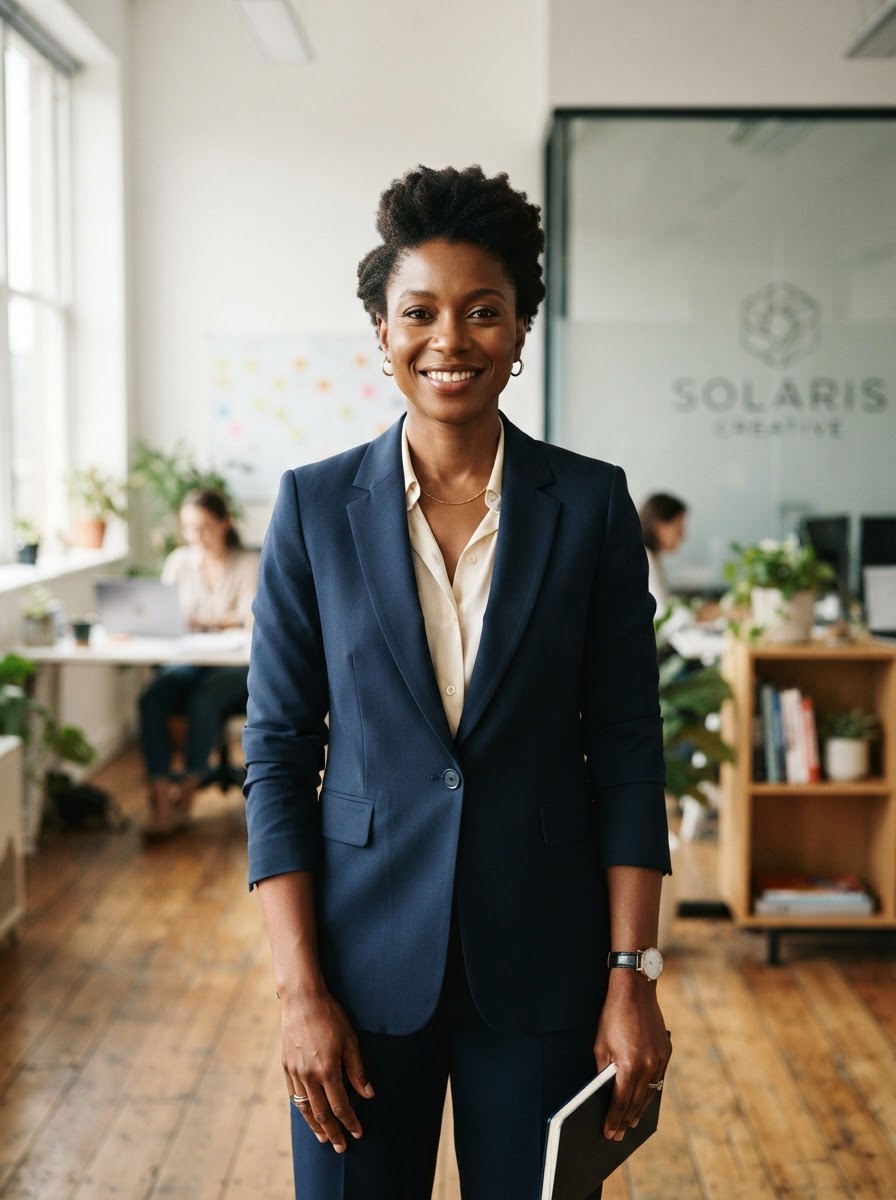 Black woman business owner in professional attire in her office