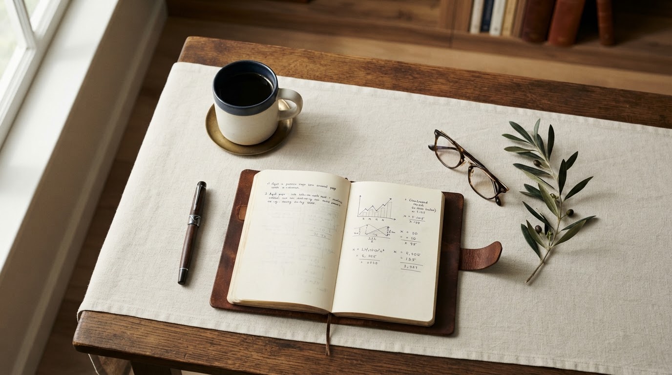 A calm advisor's desk with a notebook, pen, and olive branch on soft bone linen
