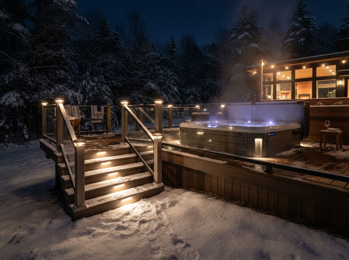 Hot tub deck lighting and cable railings night New Hampshire