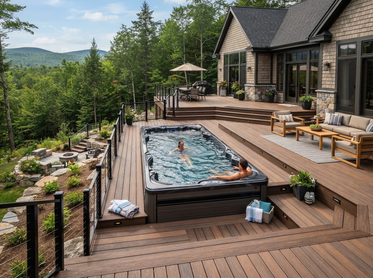 Custom swim spa and hot tub deck builder near me in New Hampshire