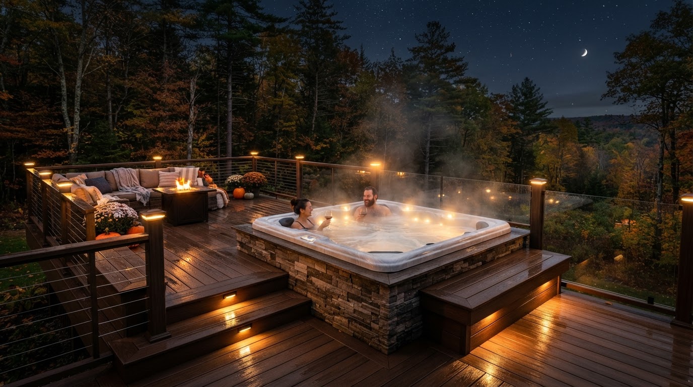 Hot tub deck builder New Hampshire winter soaking deck