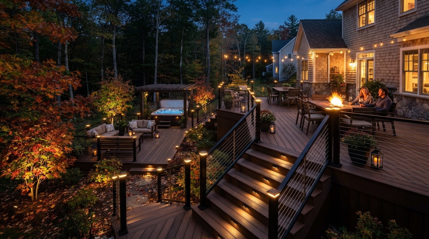 Custom multi-level composite deck with cable railings and LED lighting in New Hampshire