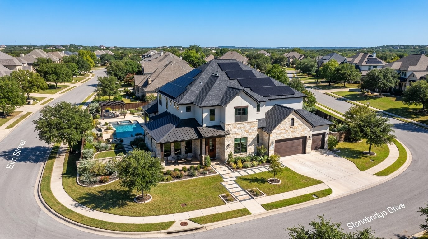 Modern Texas home with sleek black solar panels installed on the roof in Eagle Pass