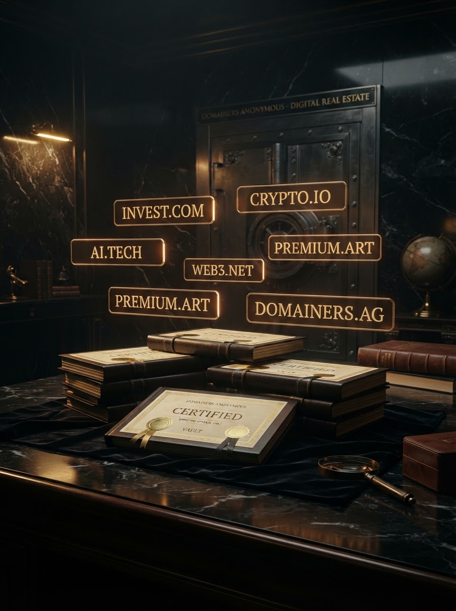 A vault of glowing golden domain name plates. The Domainers Anonymous treasury