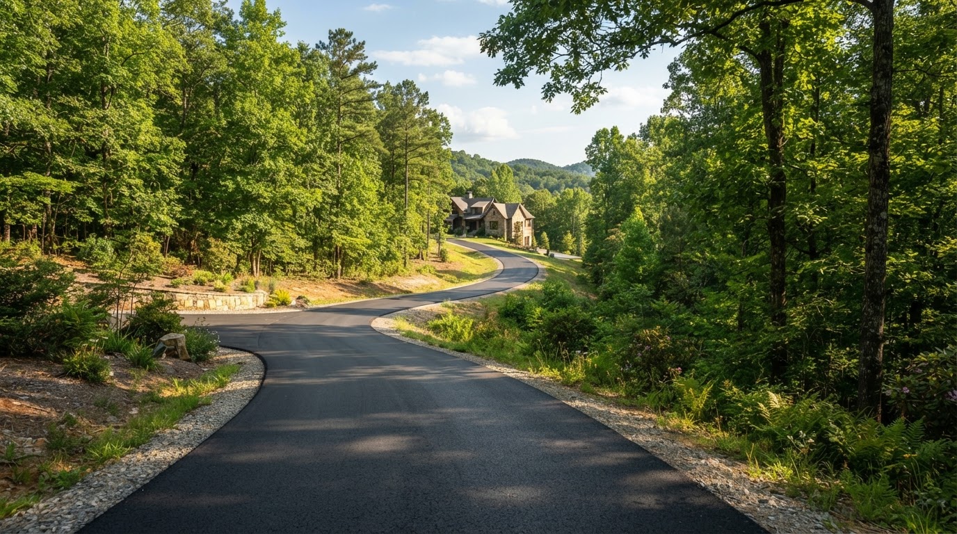 Freshly paved asphalt driveway and site work in Northeast GA