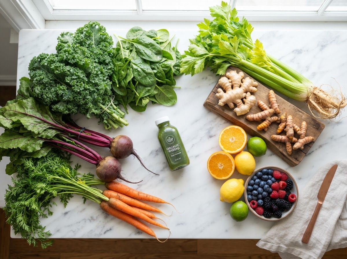 Fresh organic produce flat lay