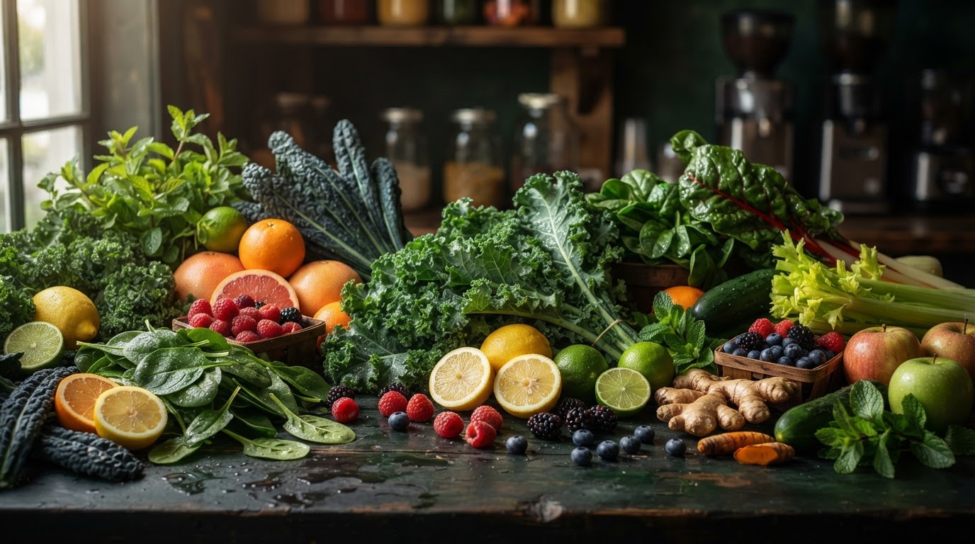 Fresh organic produce, leafy greens, citrus, and berries