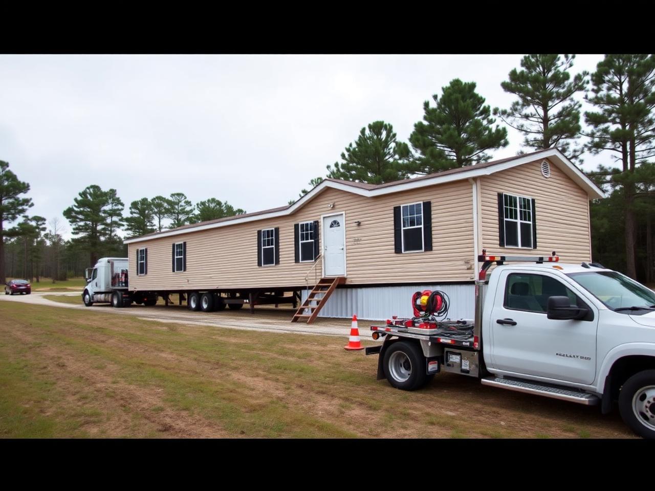 A manufactured home being delivered and set on a rural property