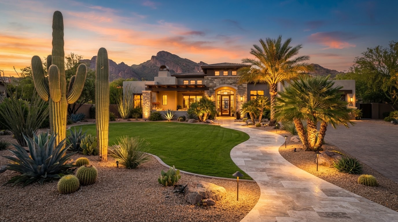 Luxury desert-front landscaping in Phoenix at golden hour
