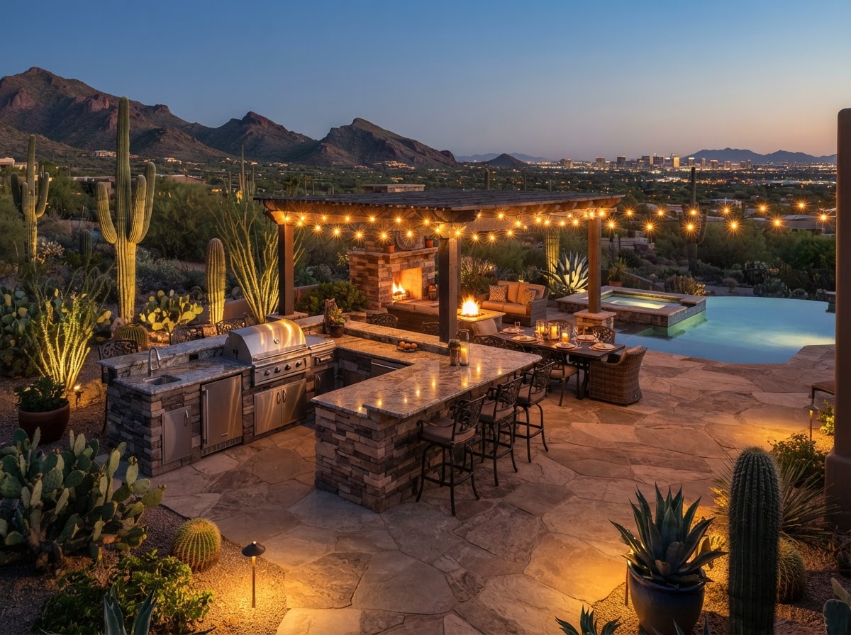Custom stone patio and outdoor kitchen in Phoenix