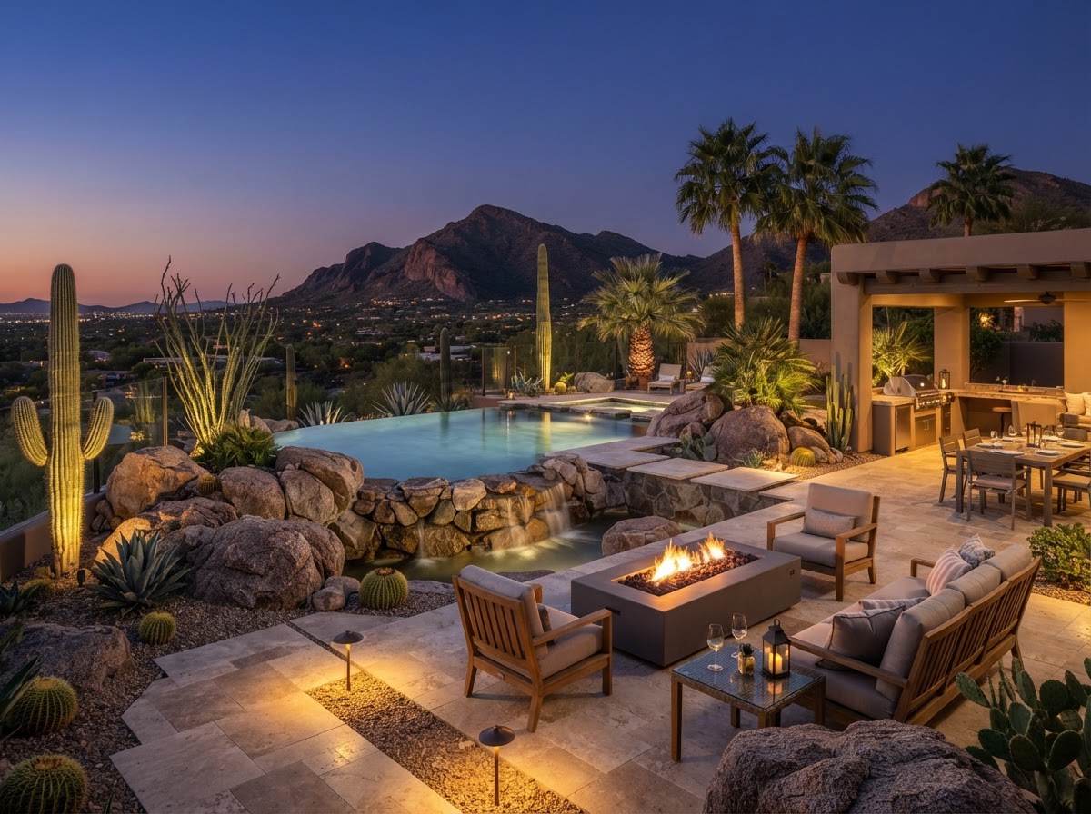 Resort-style Phoenix backyard with pool and desert landscaping