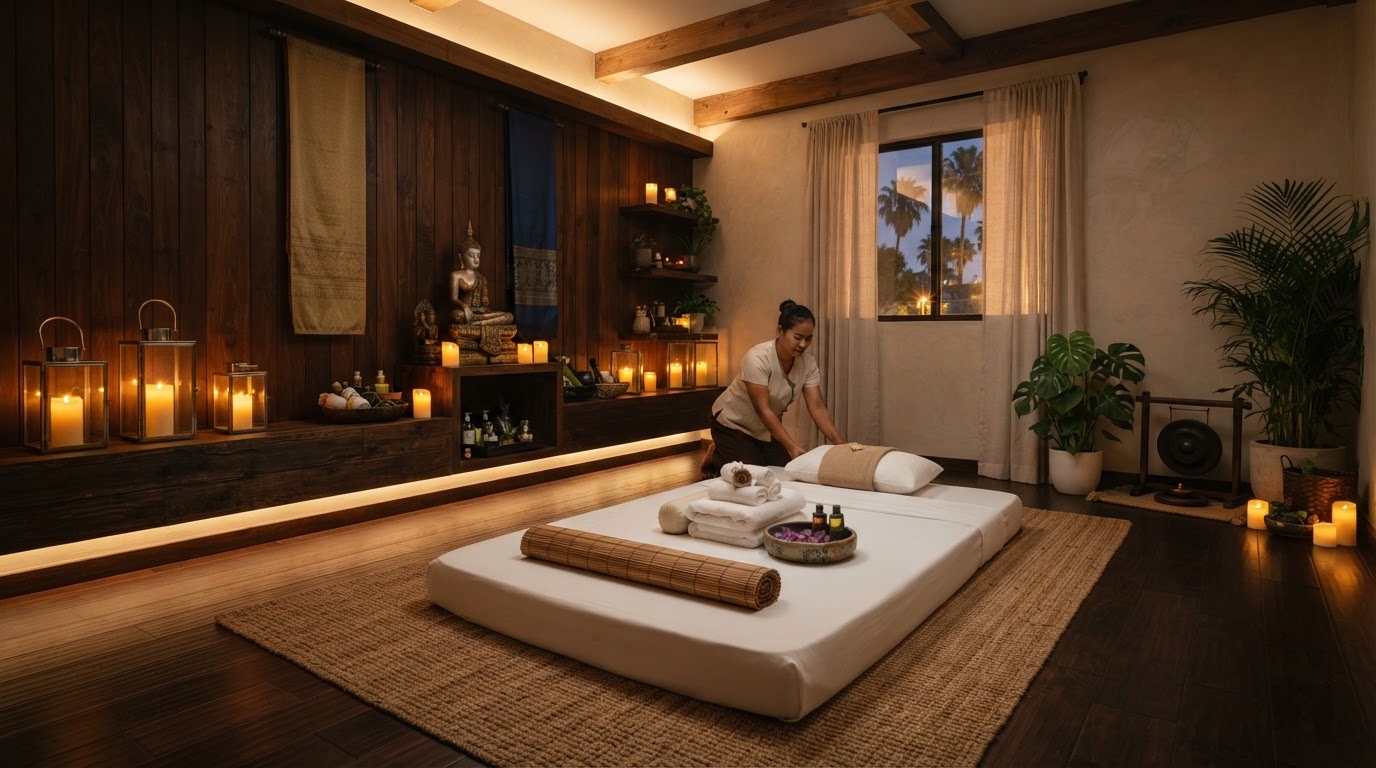 Warm candlelit Thai massage room at LA Thai Bodyworks on Sunset Blvd