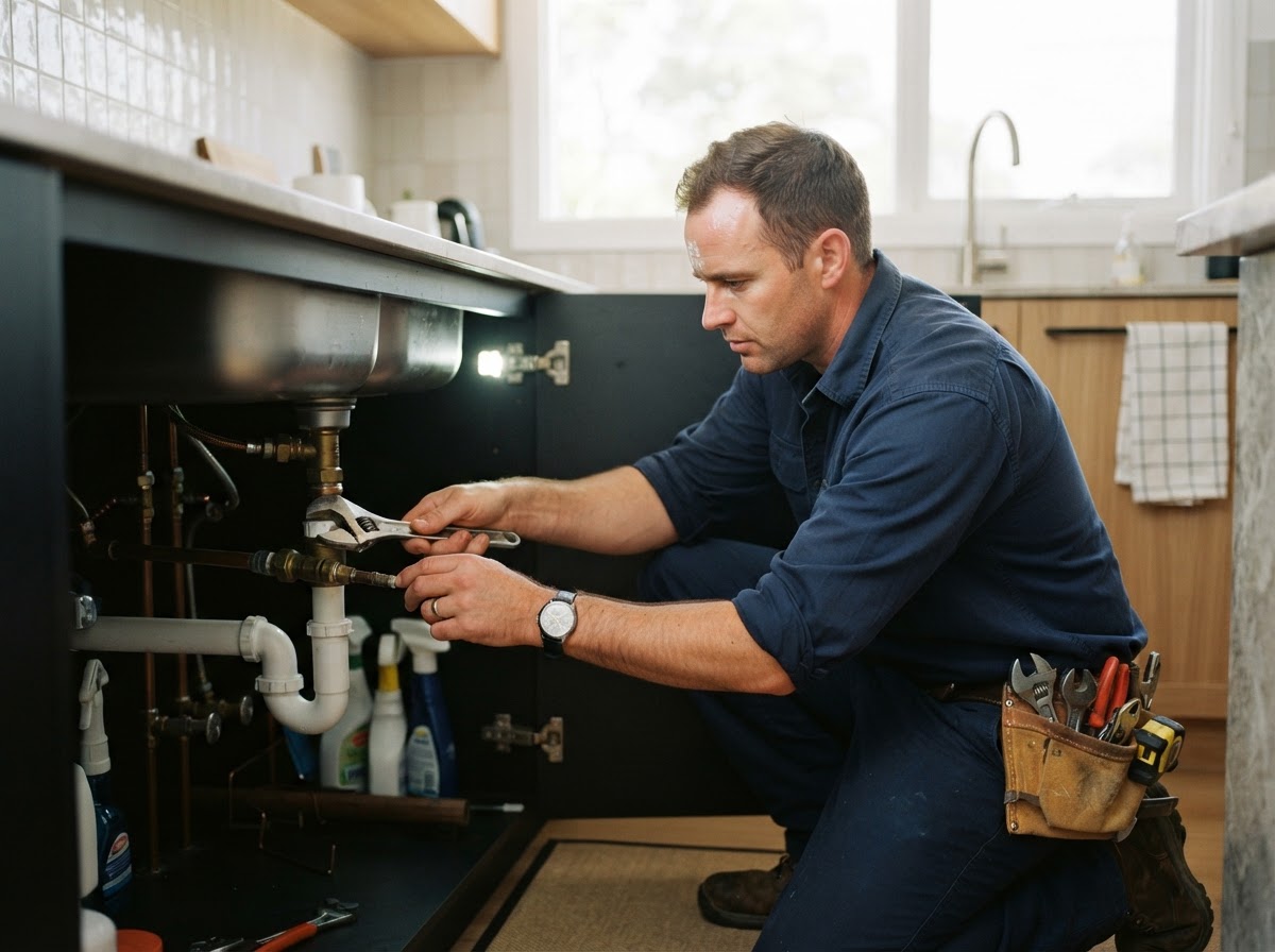 Australian plumber working under a kitchen sink fixing pipes on a job