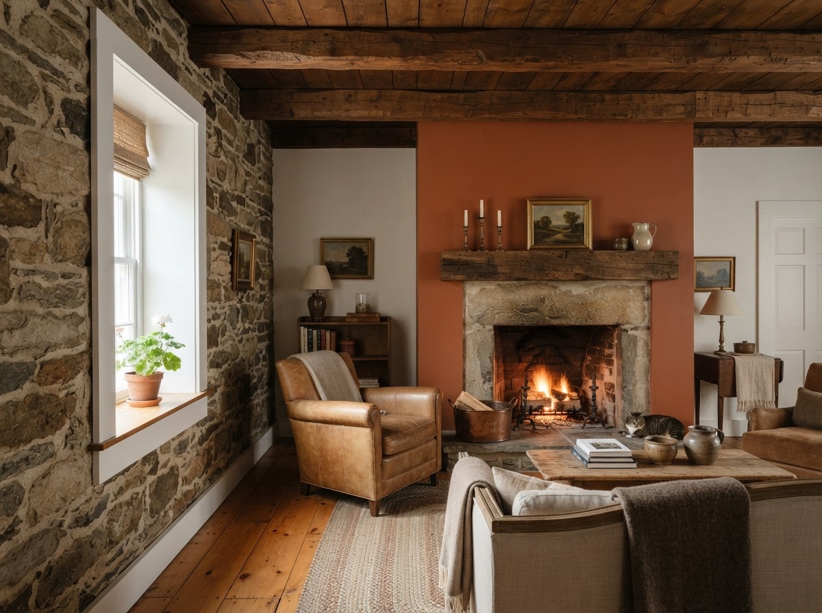 Chester County stone farmhouse interior with terracotta accent wall and exposed stone