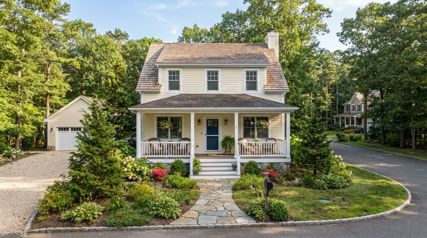 South Jersey Burlington County suburban home with wood siding and freshly painted cream exterior and white trim