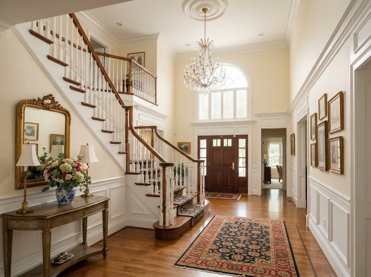 Freshly painted Main Line estate home foyer with cream walls and white wainscoting