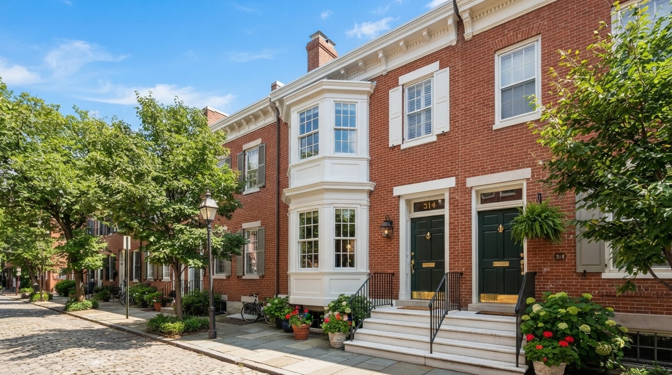 Historic Philadelphia rowhome exterior with restored trim